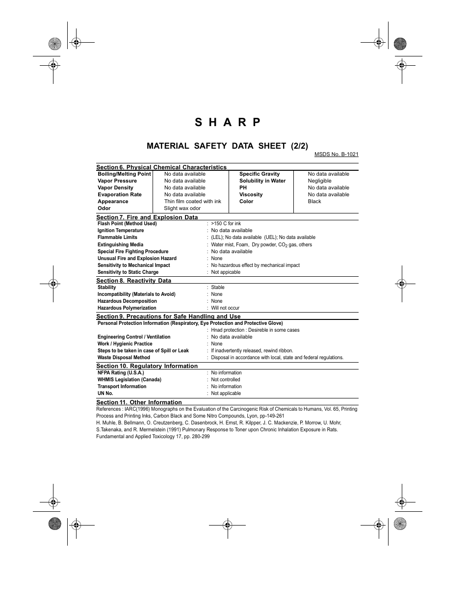 Material safety data sheet (2/2) | Sharp UX-355L User Manual | Page 150 / 156