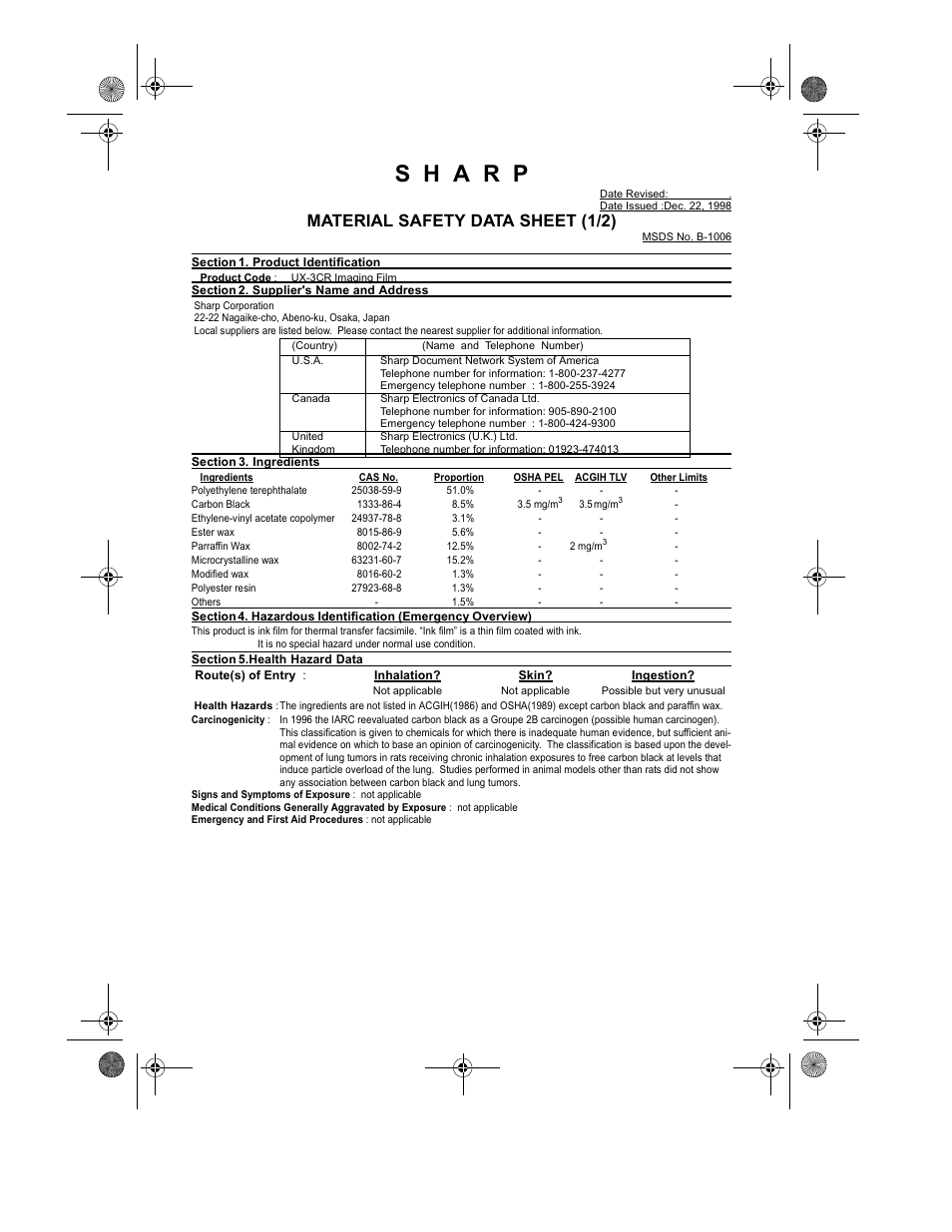 Material safety data sheet (1/2) | Sharp UX-355L User Manual | Page 151 / 156