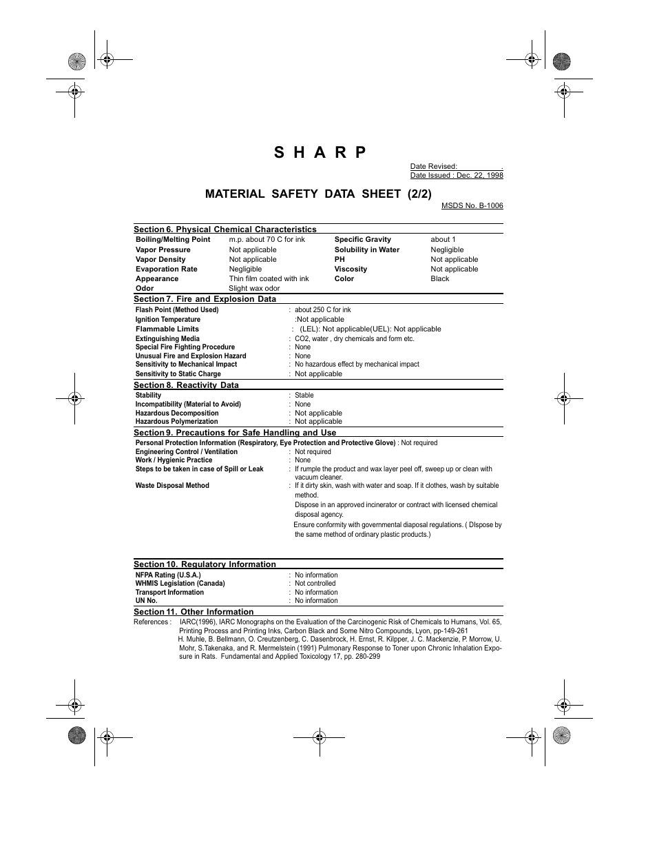 Material safety data sheet (2/2) | Sharp UX-355L User Manual | Page 152 / 156