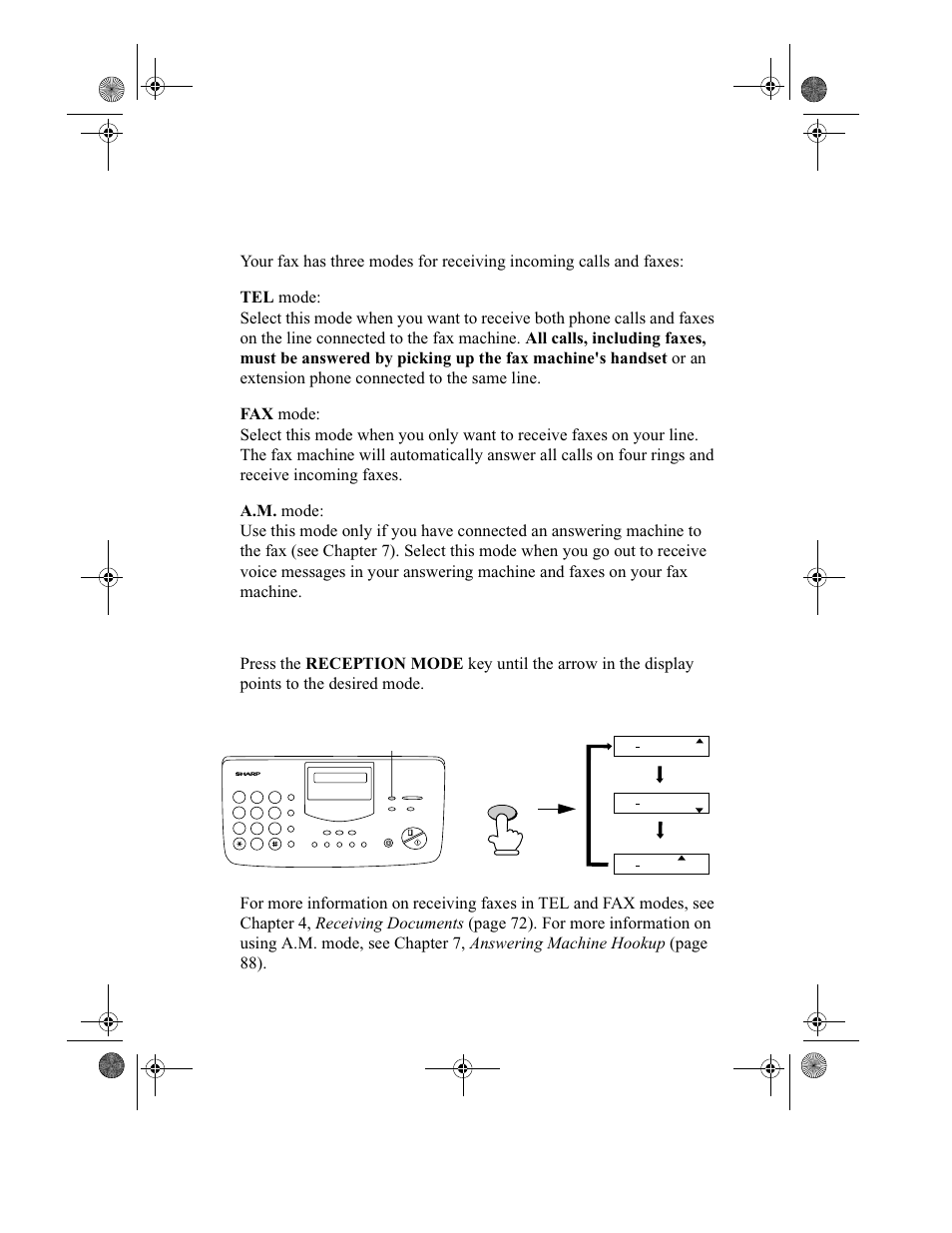 Setting the reception mode, Reception mode key, Setting the reception mode 32 | Sharp UX-355L User Manual | Page 34 / 156