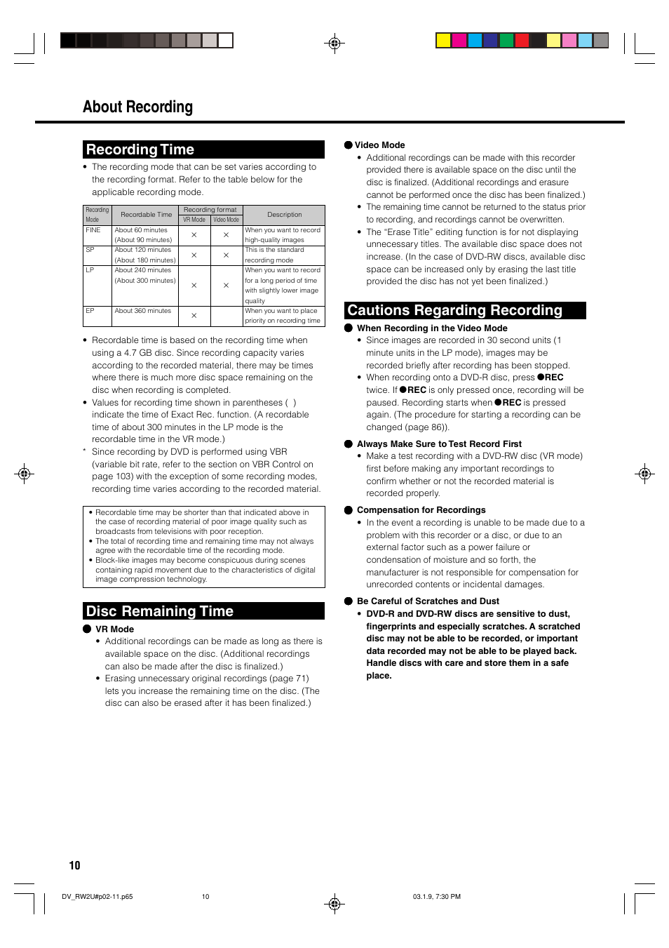 About recording, Recording time, Disc remaining time | Cautions regarding recording | Sharp DV-RW2U User Manual | Page 10 / 112