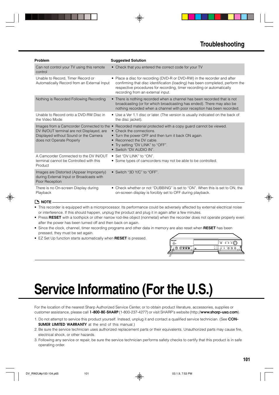 Service informatino (for the u.s.), Troubleshooting | Sharp DV-RW2U User Manual | Page 101 / 112