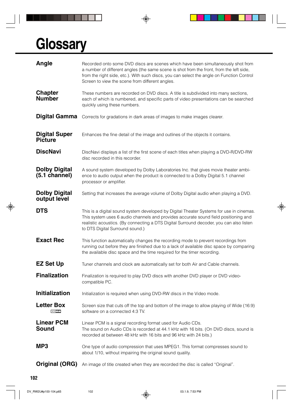 Glossary | Sharp DV-RW2U User Manual | Page 102 / 112