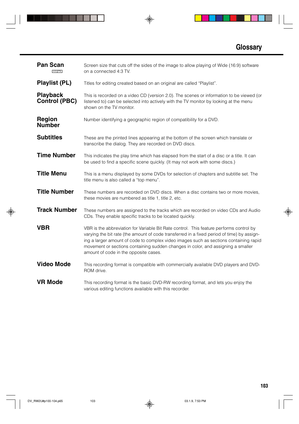 Glossary, Pan scan | Sharp DV-RW2U User Manual | Page 103 / 112