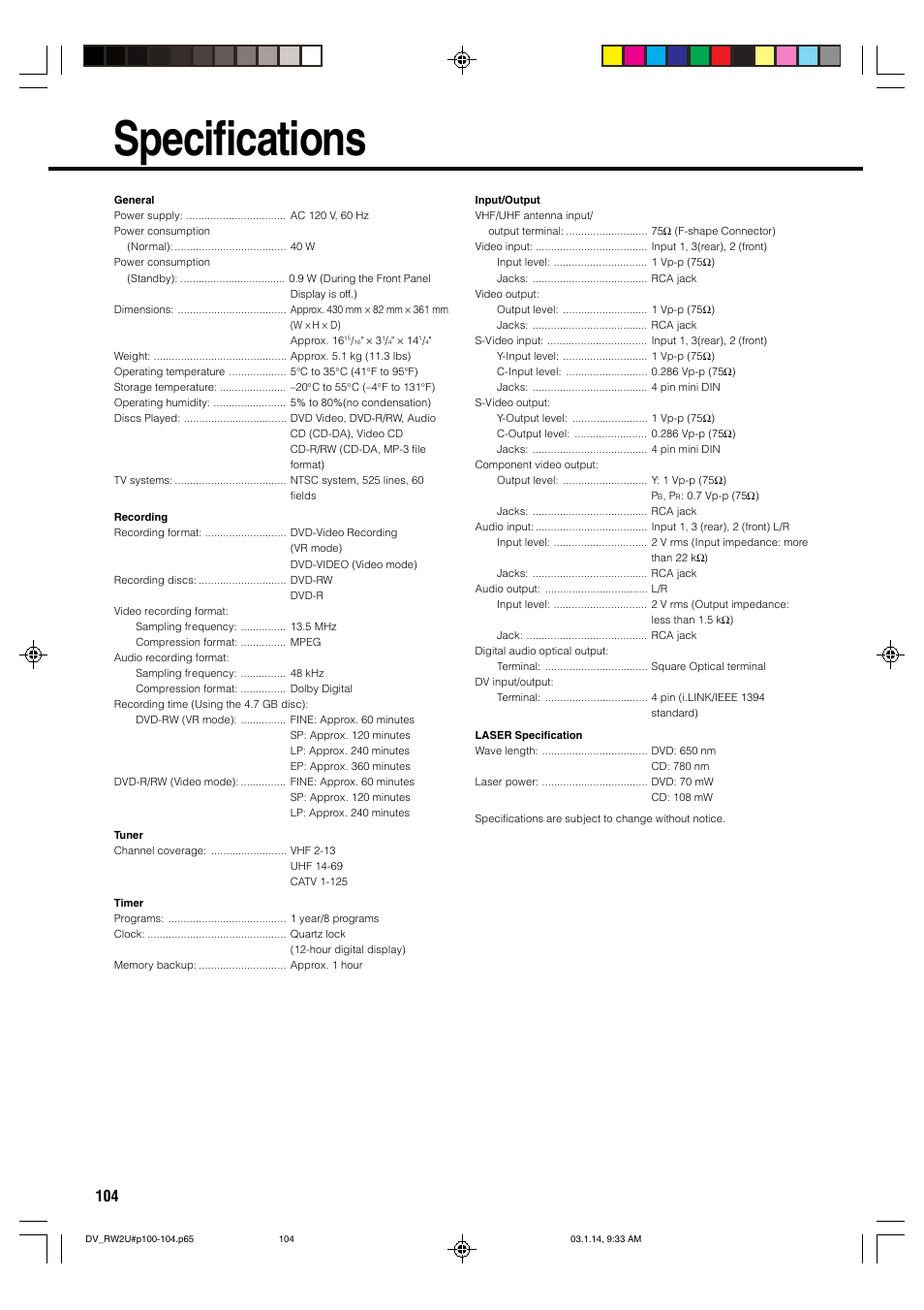 Specifications | Sharp DV-RW2U User Manual | Page 104 / 112