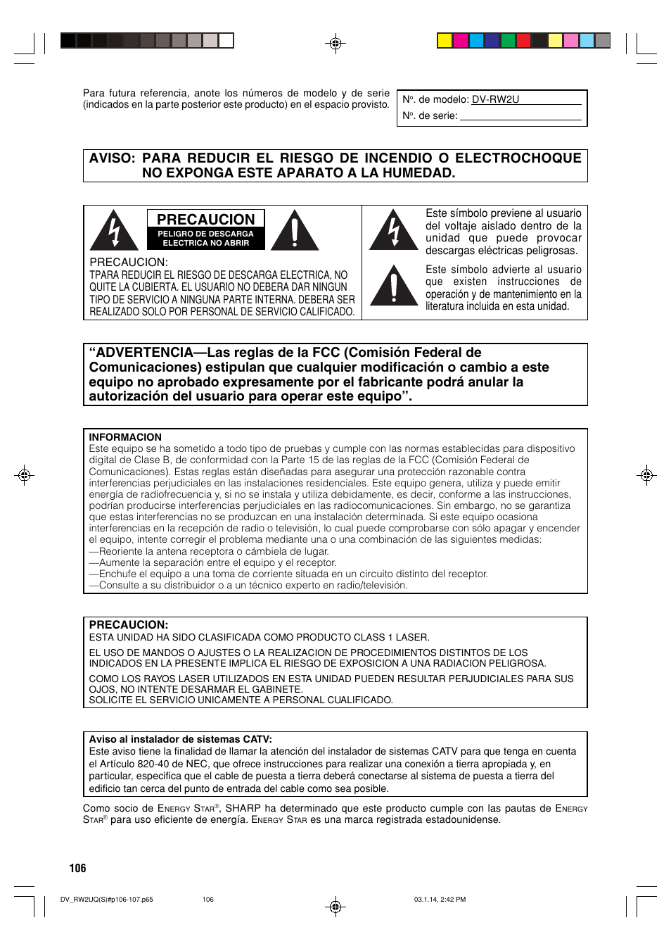 Precaucion | Sharp DV-RW2U User Manual | Page 106 / 112