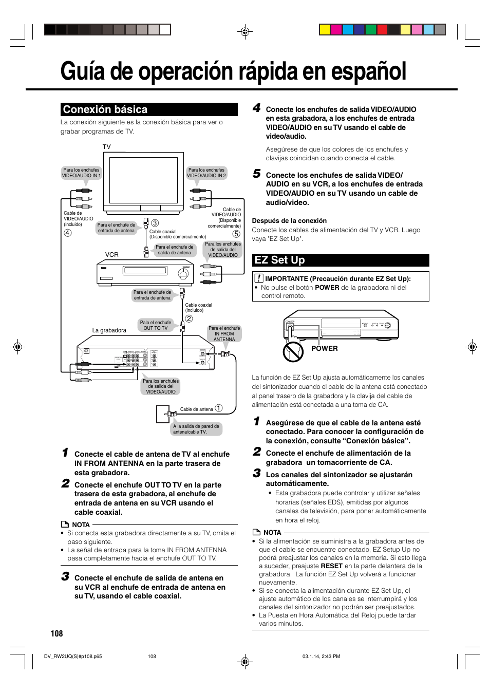 Guía de operación rápida en español, Ez set up, Conexión básica | Sharp DV-RW2U User Manual | Page 108 / 112