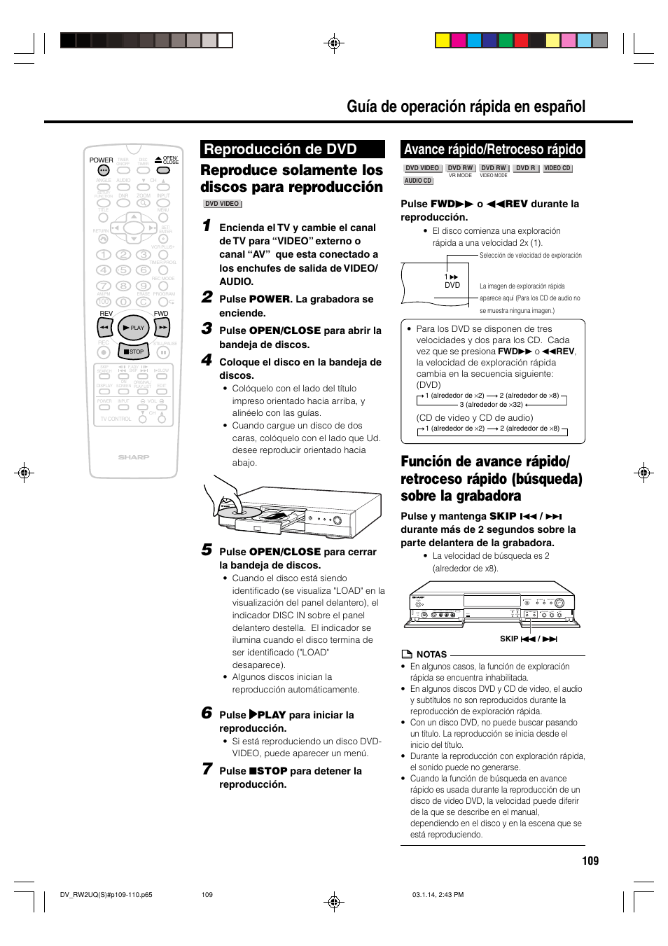 Guía de operación rápida en español, Reproduce solamente los discos para reproducción, Reproducción de dvd | Avance rápido/retroceso rápido | Sharp DV-RW2U User Manual | Page 109 / 112