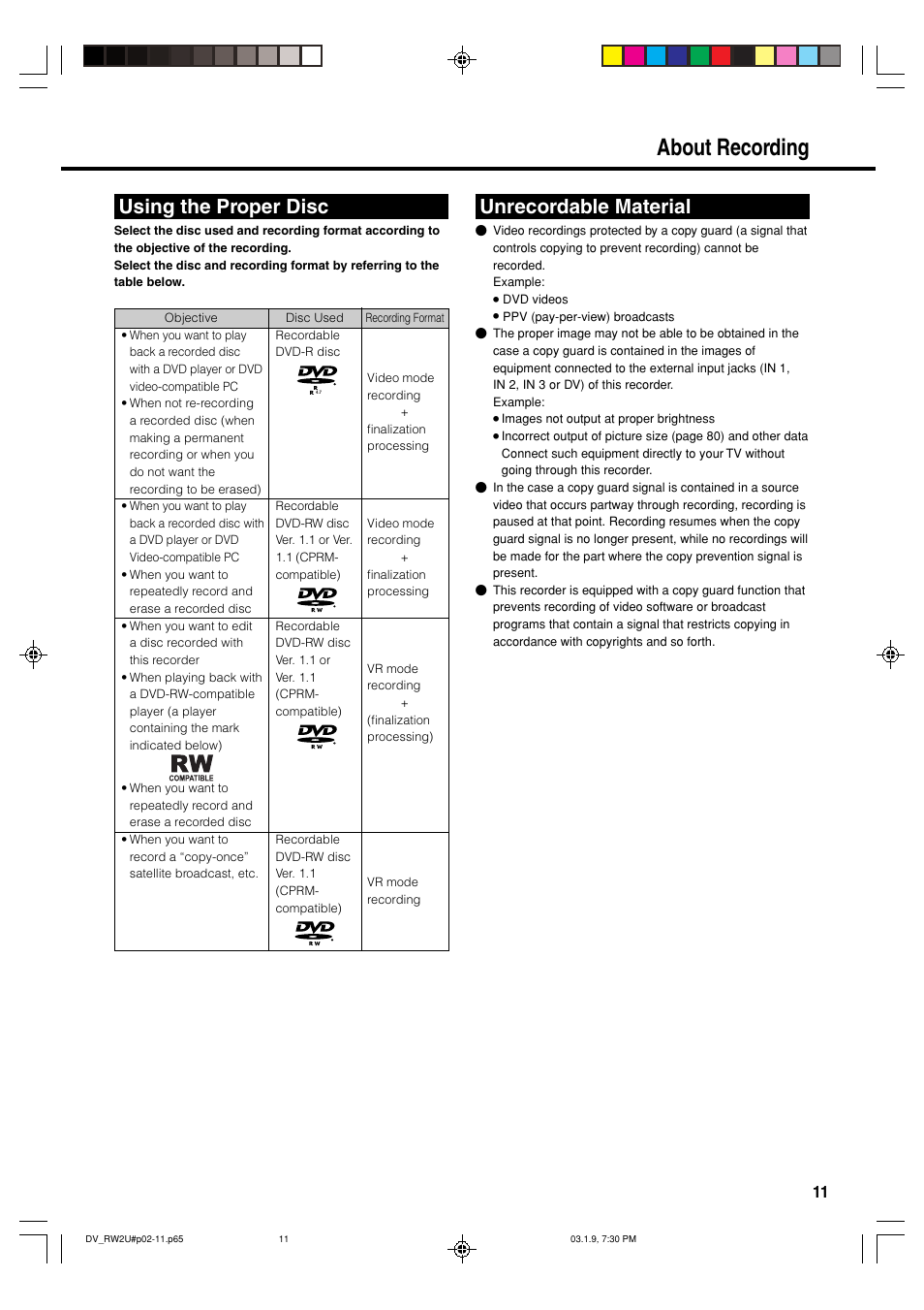 About recording, Unrecordable material, Using the proper disc | Sharp DV-RW2U User Manual | Page 11 / 112