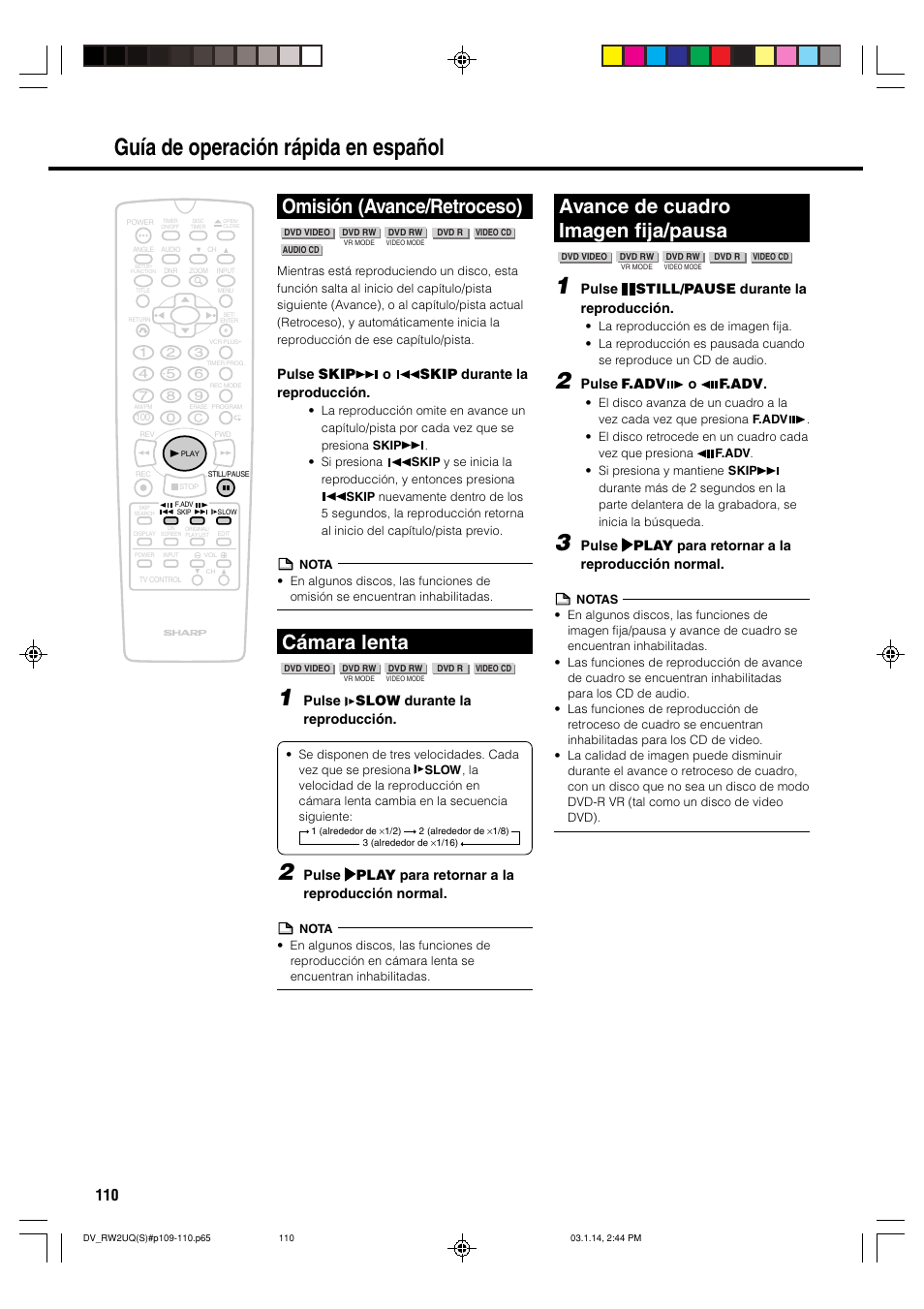 Guía de operación rápida en español, Omisión (avance/retroceso), Cámara lenta | Avance de cuadro imagen fija/pausa, Pulse skip o skip durante la reproducción, Pulse slow durante la reproducción, Pulse still/pause durante la reproducción, Pulse f.adv o f.adv | Sharp DV-RW2U User Manual | Page 110 / 112