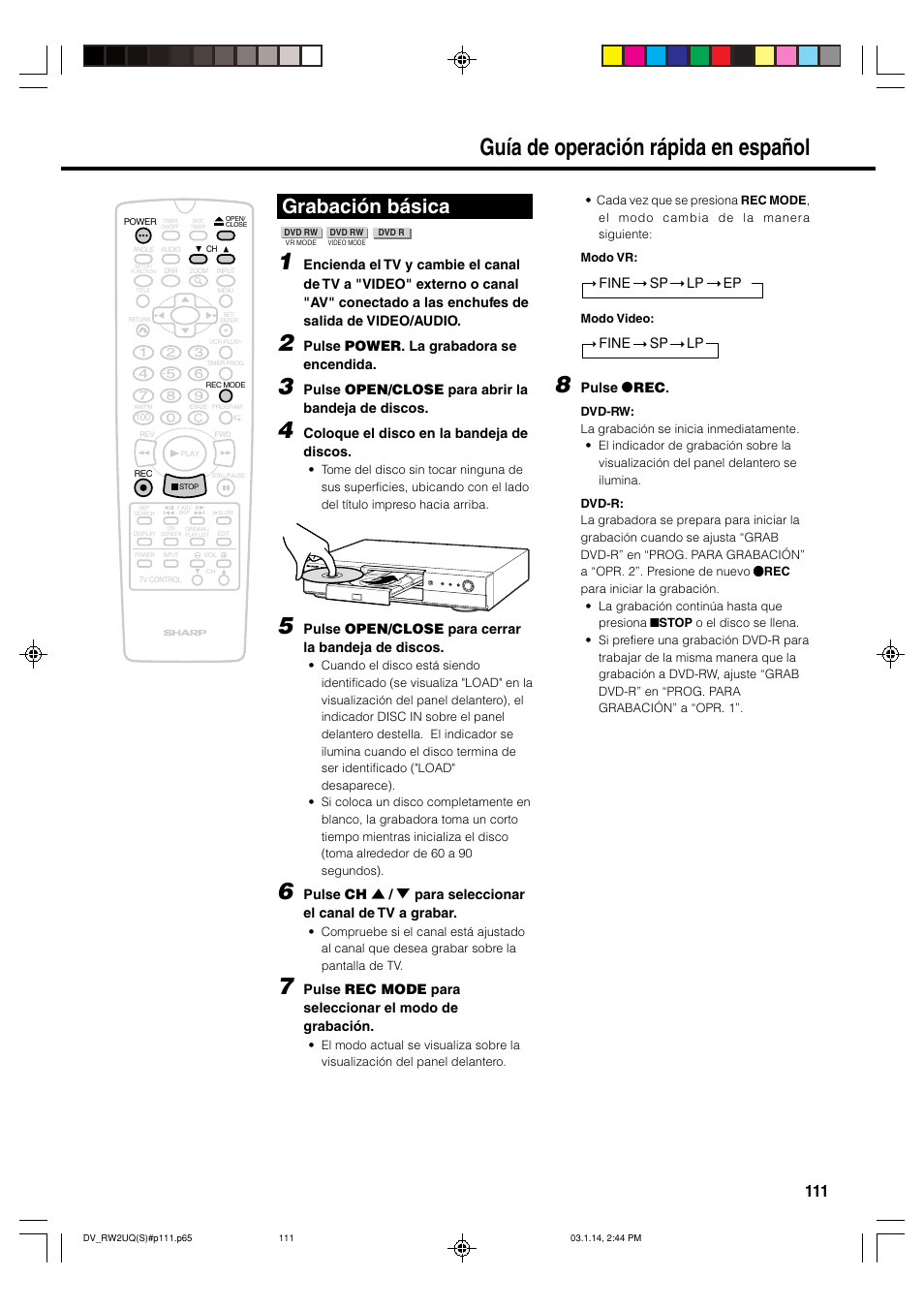 Guía de operación rápida en español, Grabación básica | Sharp DV-RW2U User Manual | Page 111 / 112