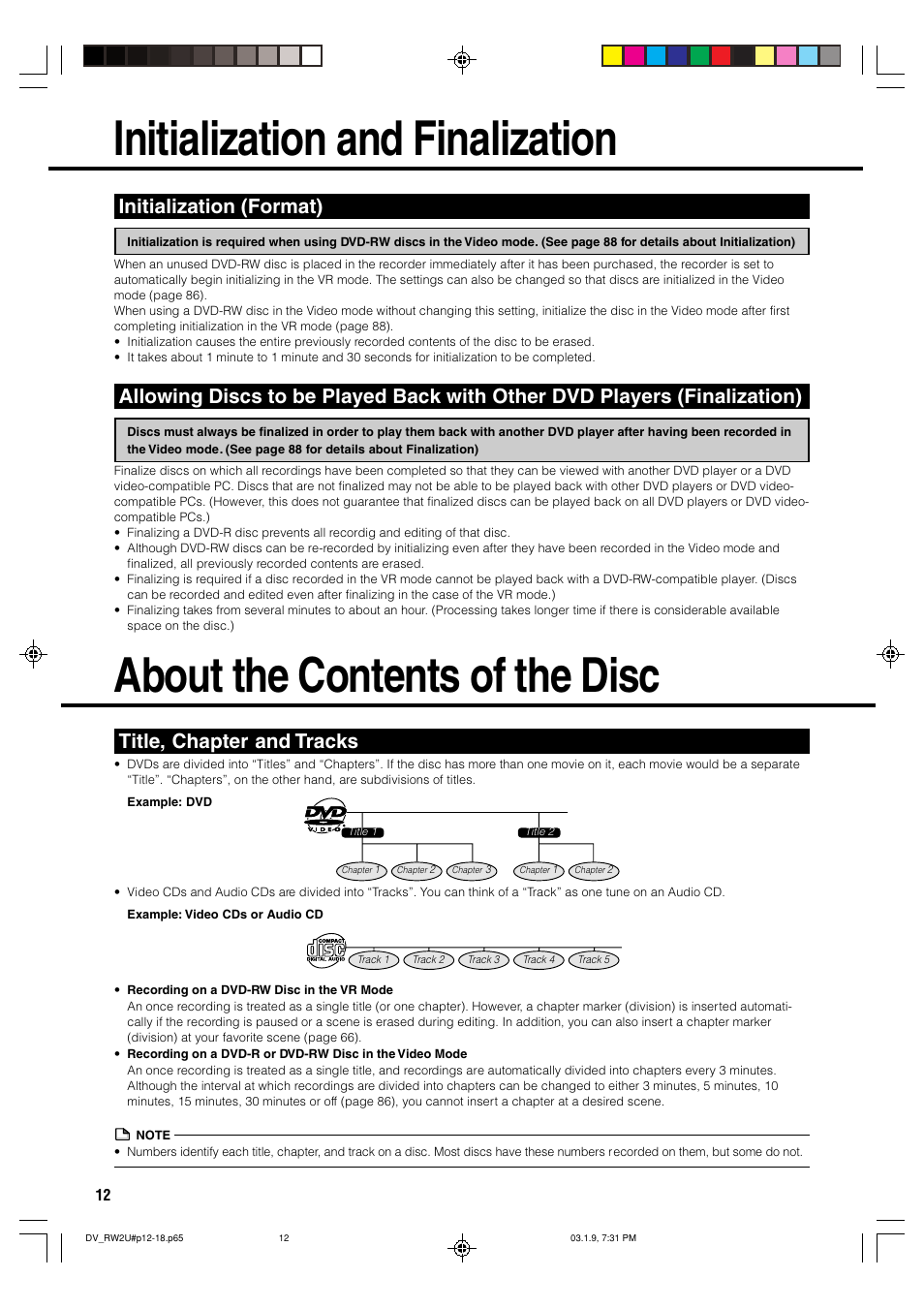 Initialization and finalization, About the contents of the disc, Initialization (format) | Title, chapter and tracks | Sharp DV-RW2U User Manual | Page 12 / 112