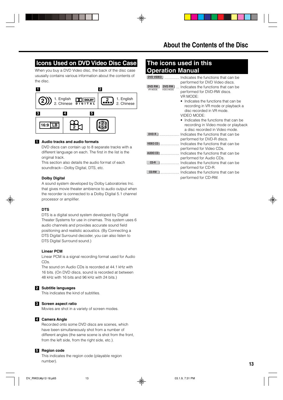 About the contents of the disc, Icons used on dvd video disc case, The icons used in this operation manual | Sharp DV-RW2U User Manual | Page 13 / 112