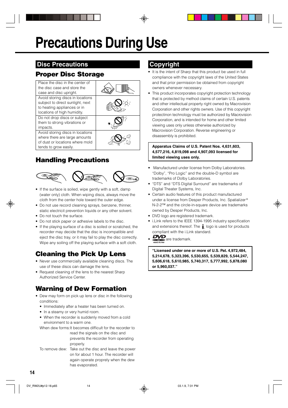 Precautions during use, Proper disc storage handling precautions, Cleaning the pick up lens | Warning of dew formation, Disc precautions, Copyright | Sharp DV-RW2U User Manual | Page 14 / 112