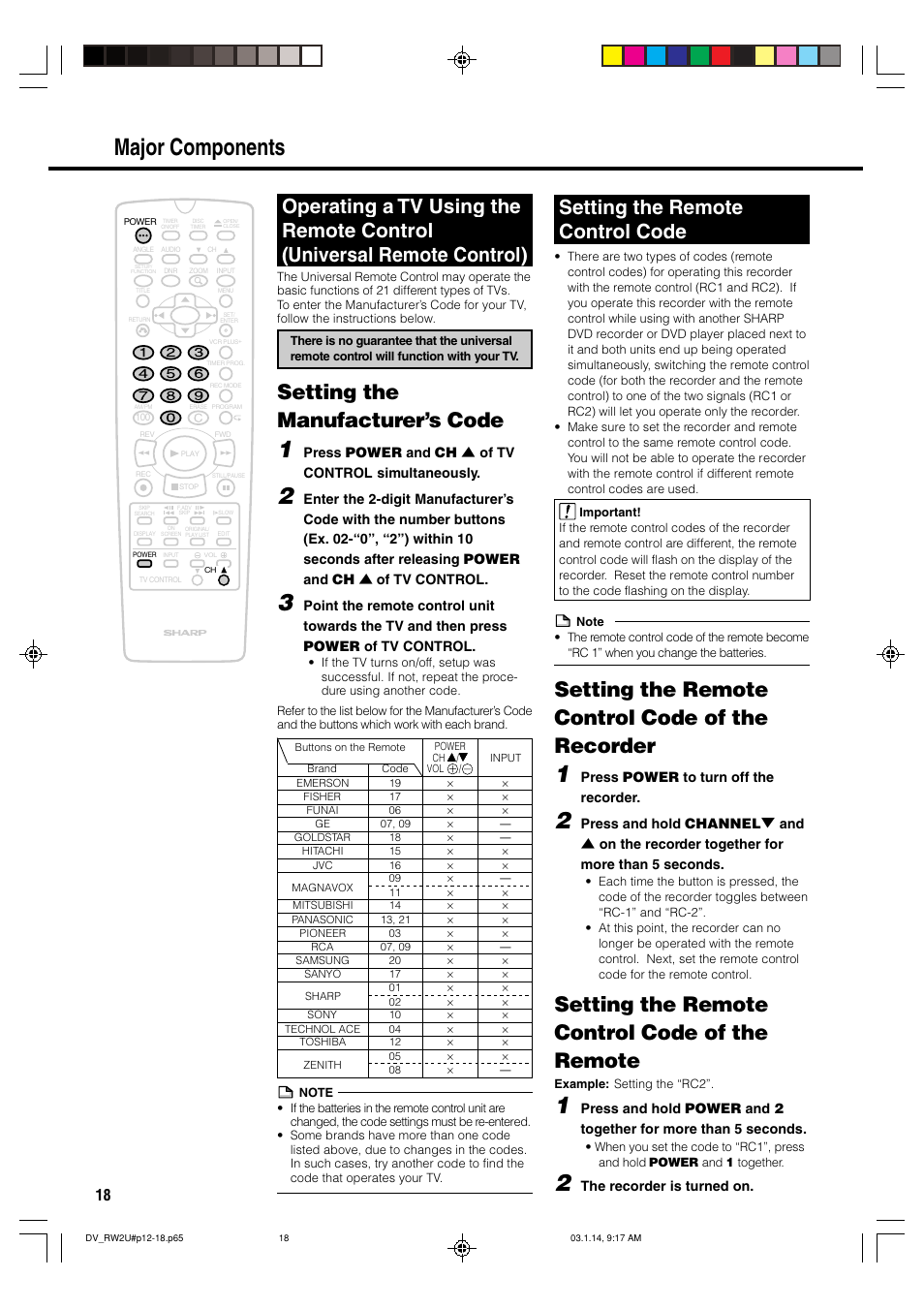 Major components, Setting the manufacturer’s code, Setting the remote control code of the recorder | Setting the remote control code of the remote, Setting the remote control code | Sharp DV-RW2U User Manual | Page 18 / 112