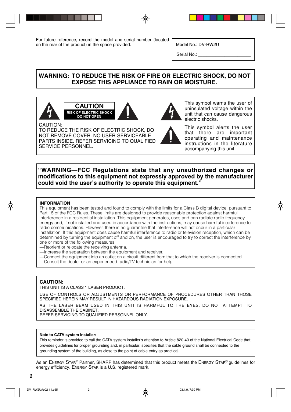 Caution | Sharp DV-RW2U User Manual | Page 2 / 112