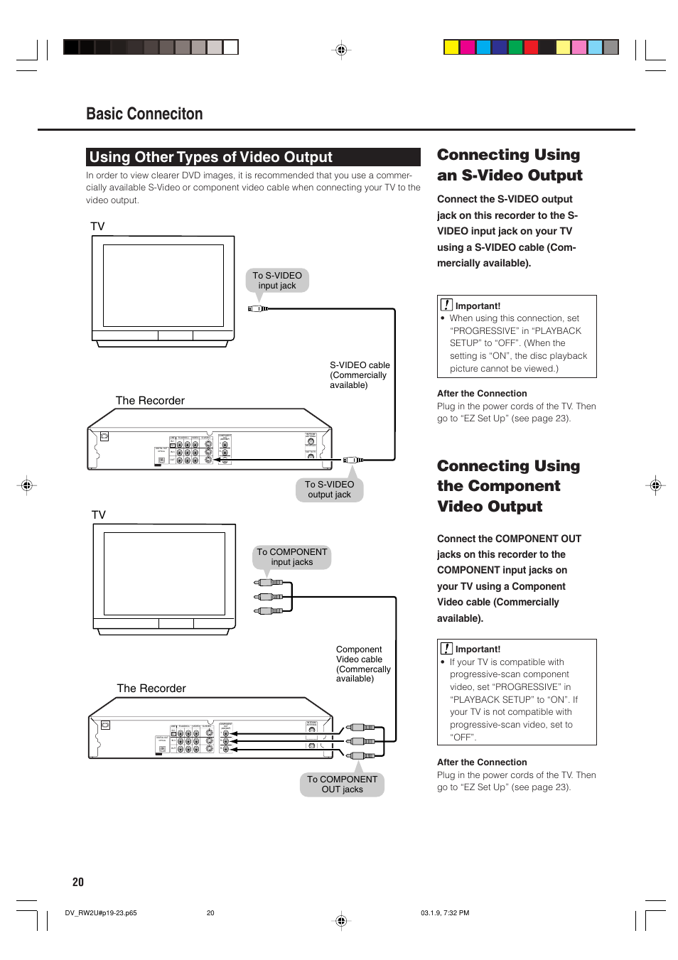 Basic conneciton, Connecting using an s-video output, Connecting using the component video output | Using other types of video output, Tv the recorder | Sharp DV-RW2U User Manual | Page 20 / 112