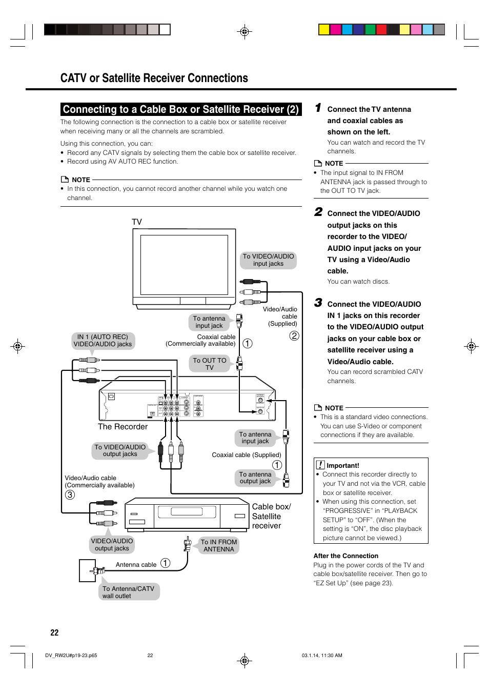 Catv or satellite receiver connections, Tv cable box/ satellite receiver the recorder | Sharp DV-RW2U User Manual | Page 22 / 112