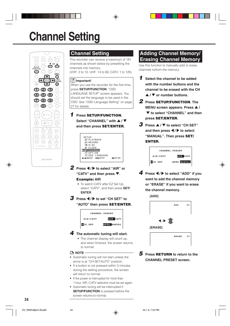 Channel setting | Sharp DV-RW2U User Manual | Page 24 / 112