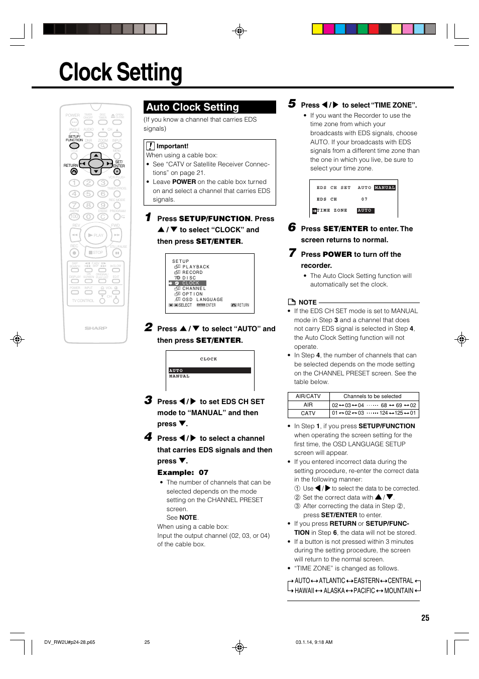 Clock setting, Auto clock setting | Sharp DV-RW2U User Manual | Page 25 / 112