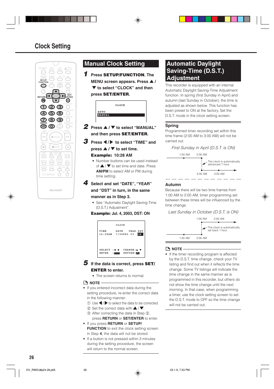 Clock setting, Manual clock setting, Automatic daylight saving-time (d.s.t.) adjustment | If the data is correct, press set/ enter to enter, Spring, First sunday in april (d.s.t. is on), Autumn, Last sunday in october (d.s.t. is on) | Sharp DV-RW2U User Manual | Page 26 / 112