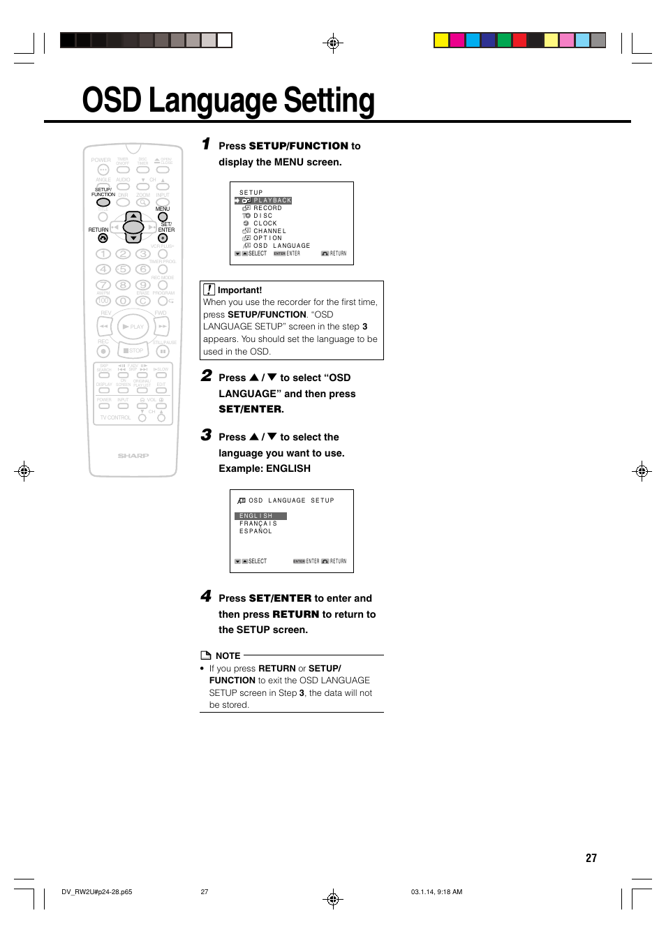 Osd language setting, Press setup/function to display the menu screen | Sharp DV-RW2U User Manual | Page 27 / 112