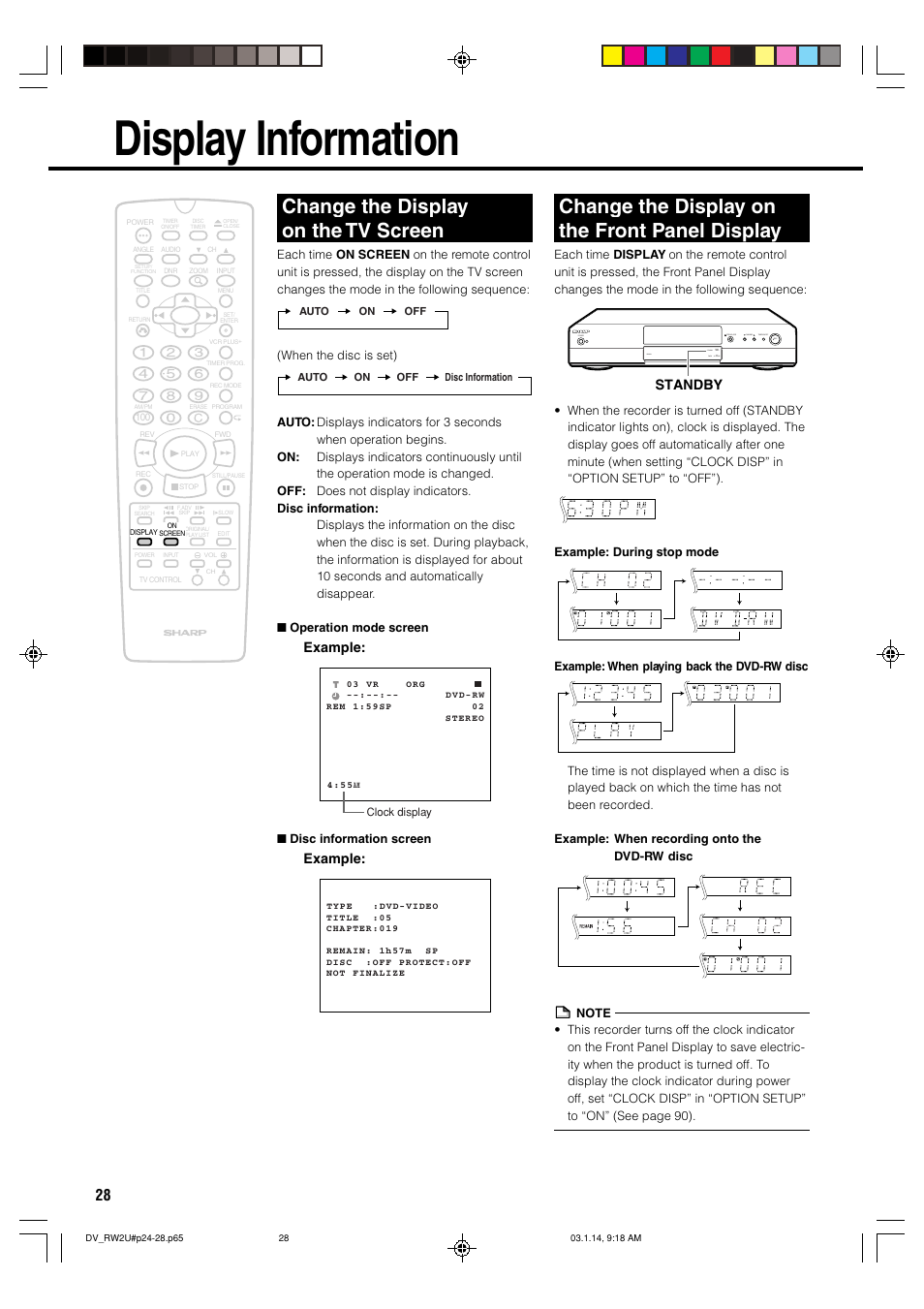 Display information, Change the display on the front panel display, Change the display on the tv screen | Example | Sharp DV-RW2U User Manual | Page 28 / 112