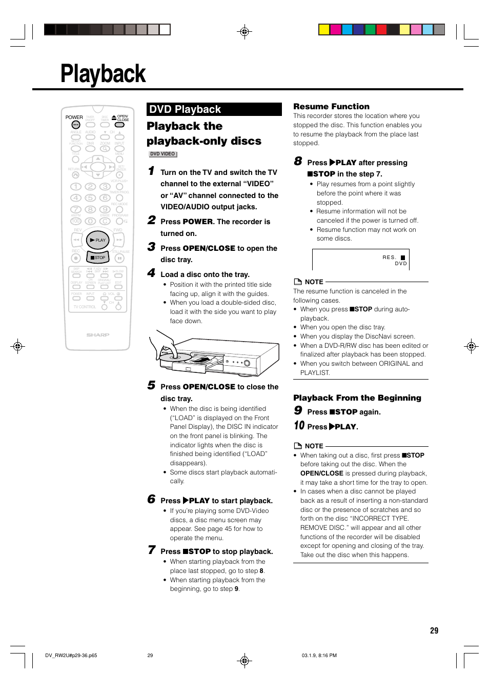 Playback, Playback the playback-only discs, Dvd playback | Resume function, Playback from the beginning | Sharp DV-RW2U User Manual | Page 29 / 112