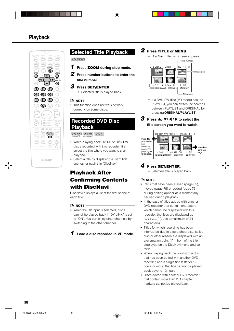 Playback, Playback after confirming contents with discnavi, Selected title playback | Recorded dvd disc playback, Press zoom during stop mode, Press number buttons to enter the title number, Press set/enter, Load a disc recorded in vr mode, Press title or menu | Sharp DV-RW2U User Manual | Page 30 / 112