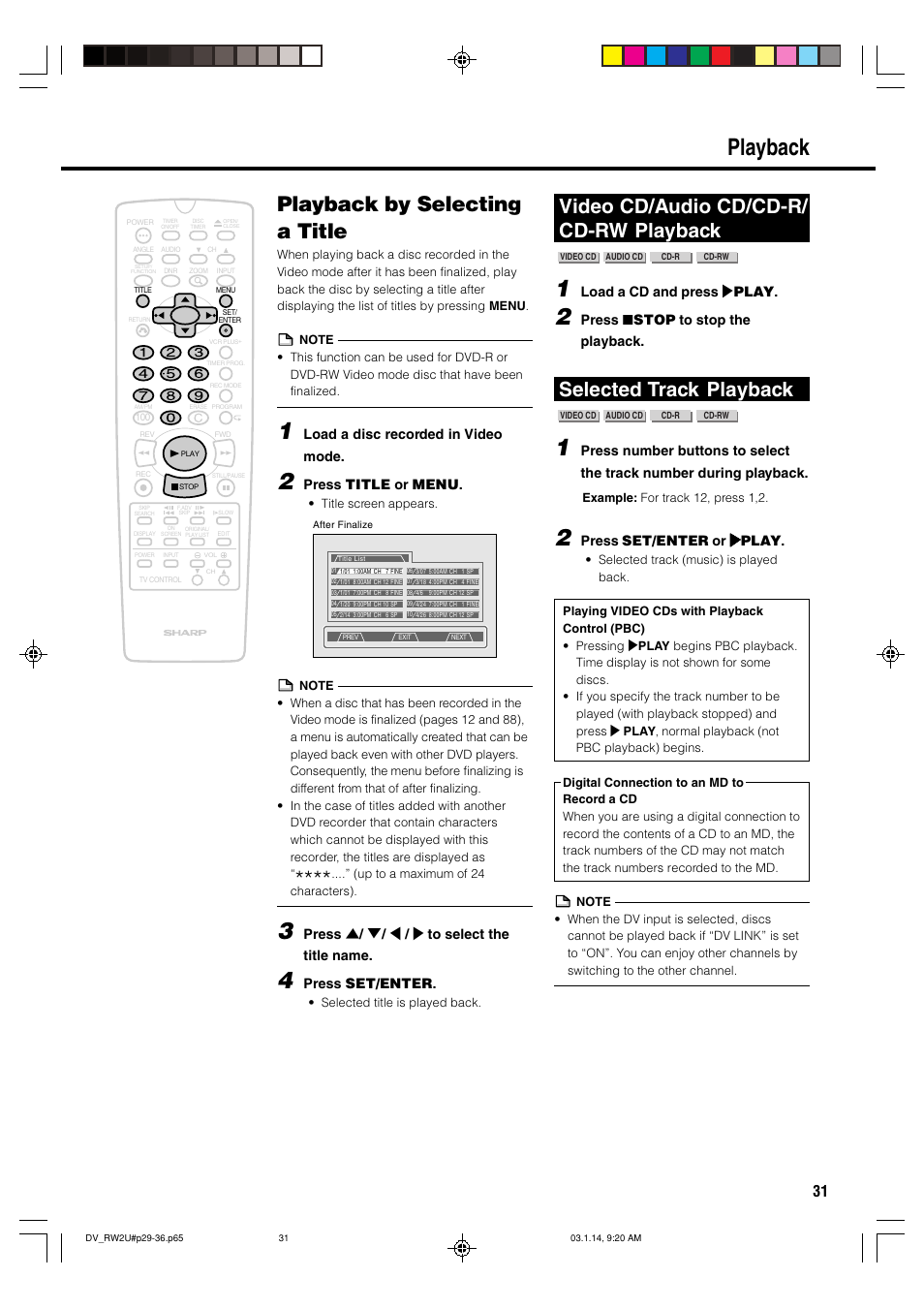 Playback, Playback by selecting a title, Video cd/audio cd/cd-r/ cd-rw playback | Selected track playback, Load a disc recorded in video mode, Press title or menu, Press ' / 