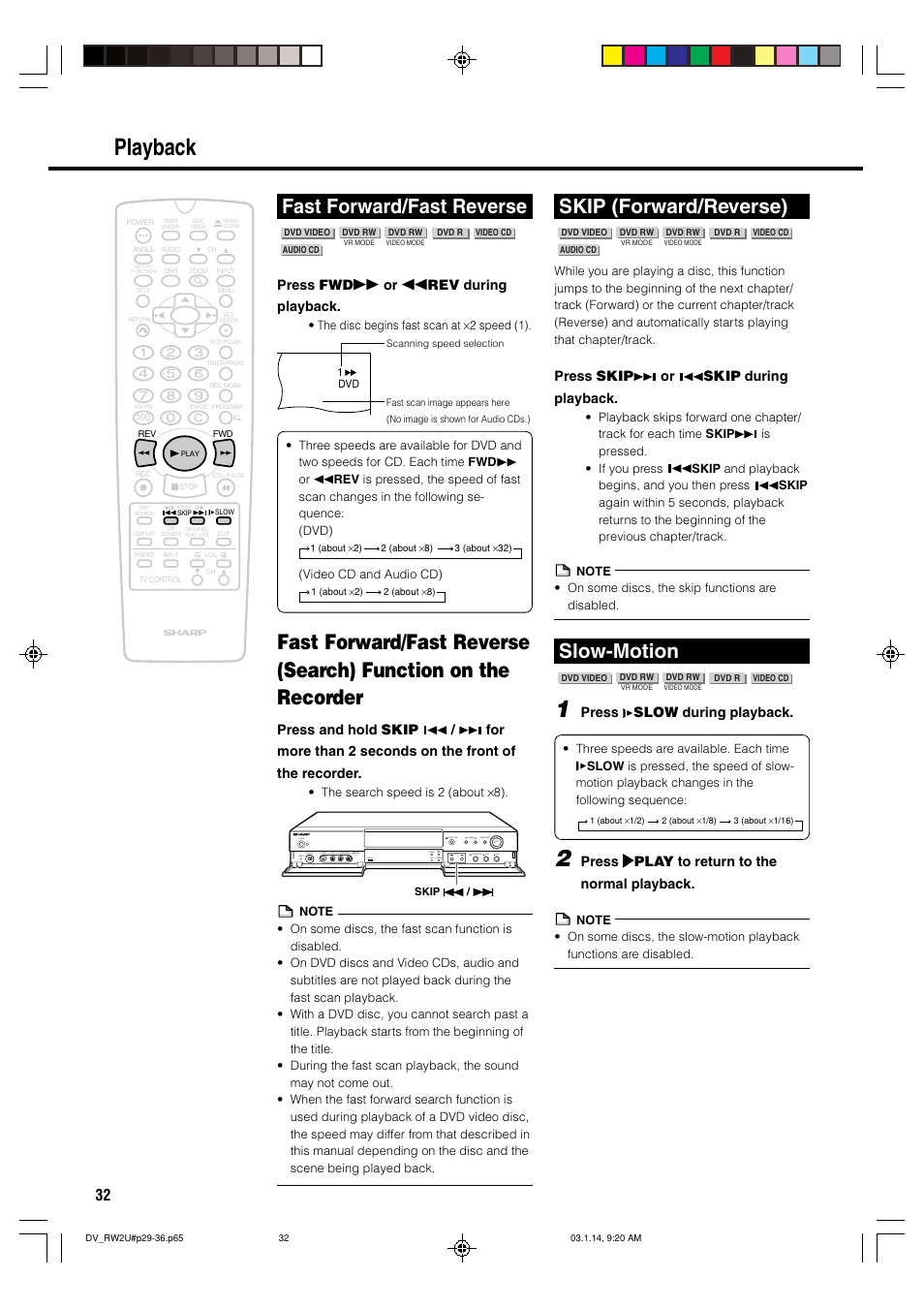 Playback, Fast forward/fast reverse, Skip (forward/reverse) | Slow-motion | Sharp DV-RW2U User Manual | Page 32 / 112