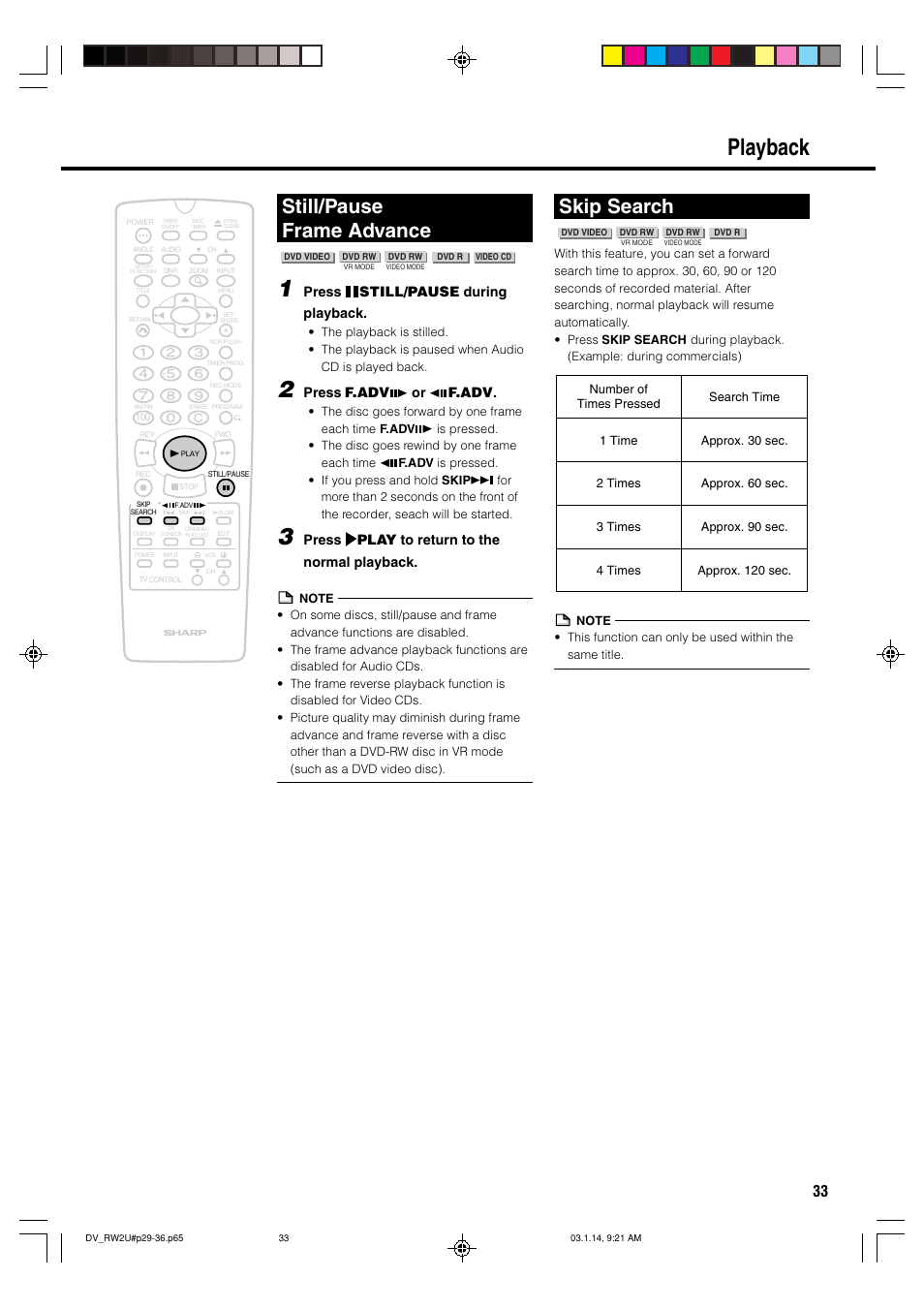 Playback, Still/pause frame advance, Skip search | Press still/pause during playback, Press f.adv or f.adv | Sharp DV-RW2U User Manual | Page 33 / 112