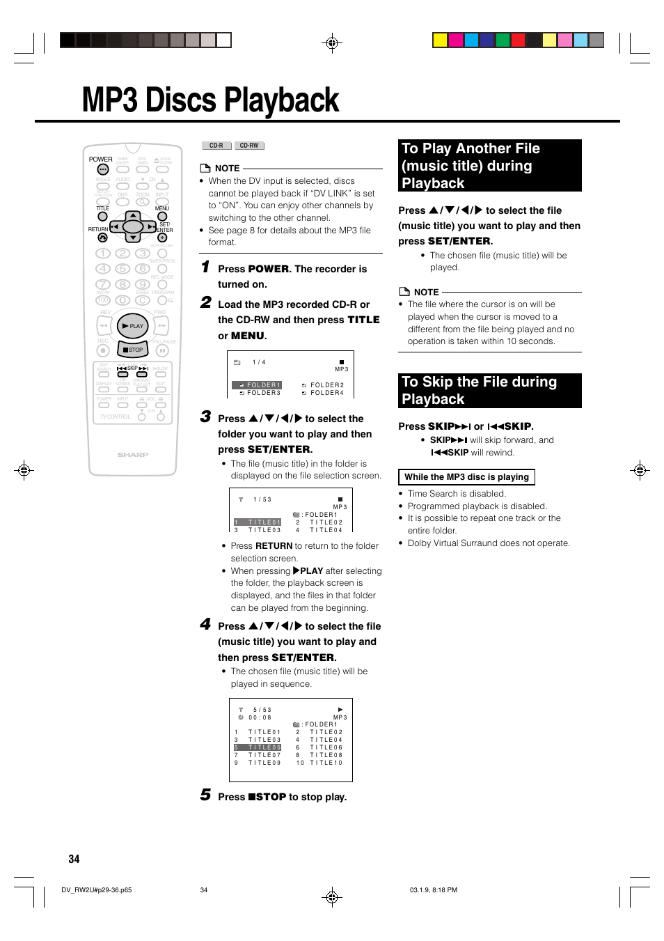 Mp3 discs playback, Press power. the recorder is turned on, Press ■ stop to stop play | Press skip or skip | Sharp DV-RW2U User Manual | Page 34 / 112