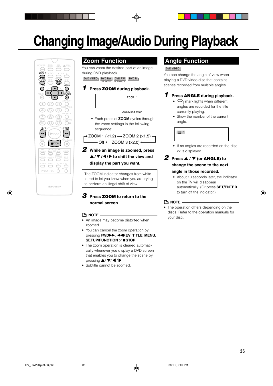 Changing image/audio during playback, Zoom function, Angle function | Sharp DV-RW2U User Manual | Page 35 / 112