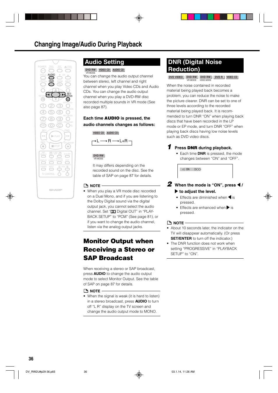 Changing image/audio during playback, Audio setting, Dnr (digital noise reduction) | Lr l+r, Press dnr during playback | Sharp DV-RW2U User Manual | Page 36 / 112