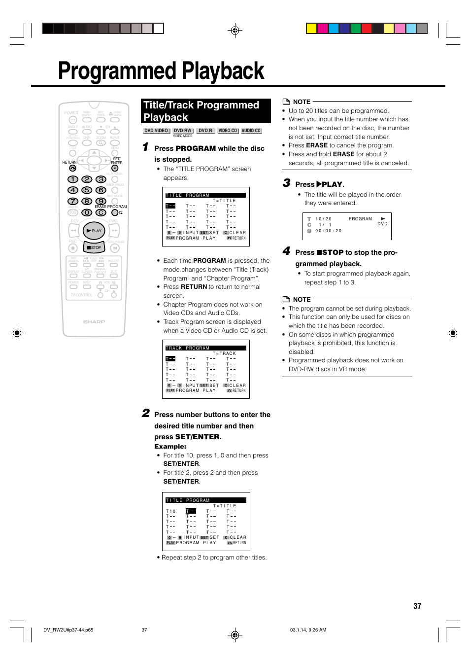 Programmed playback, Title/track programmed playback, Press program while the disc is stopped | Press | play, Press ■ stop to stop the pro- grammed playback | Sharp DV-RW2U User Manual | Page 37 / 112