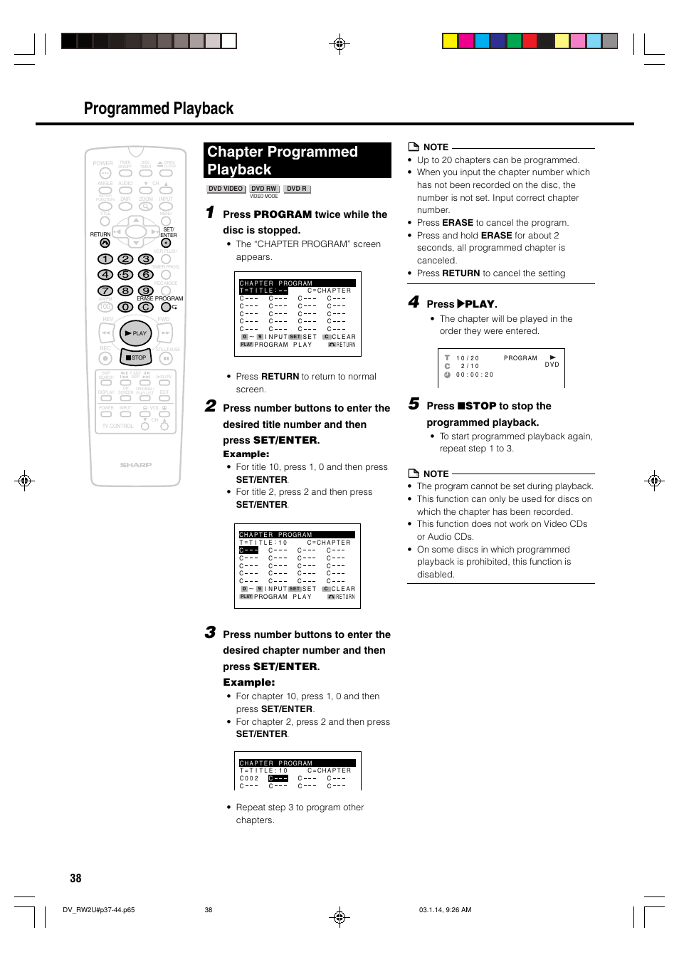 Programmed playback, Chapter programmed playback, Press program twice while the disc is stopped | Press | play, Press ■ stop to stop the programmed playback | Sharp DV-RW2U User Manual | Page 38 / 112