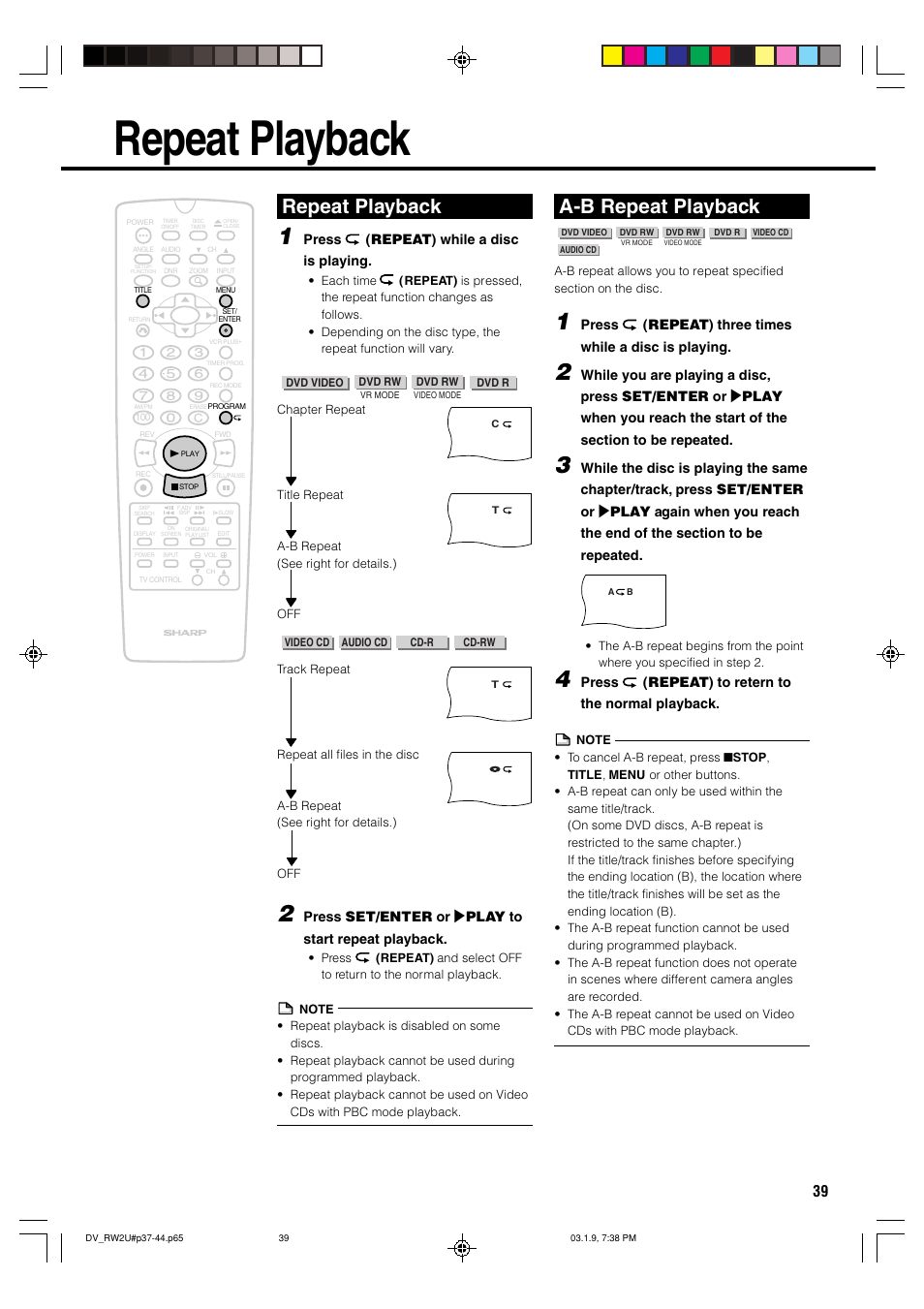 Repeat playback, A-b repeat playback | Sharp DV-RW2U User Manual | Page 39 / 112