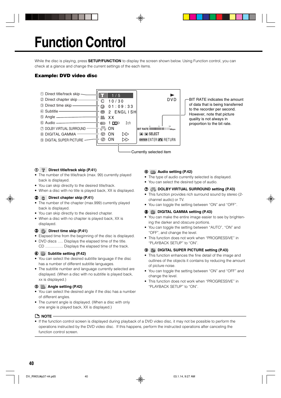 Function control, Example: dvd video disc | Sharp DV-RW2U User Manual | Page 40 / 112