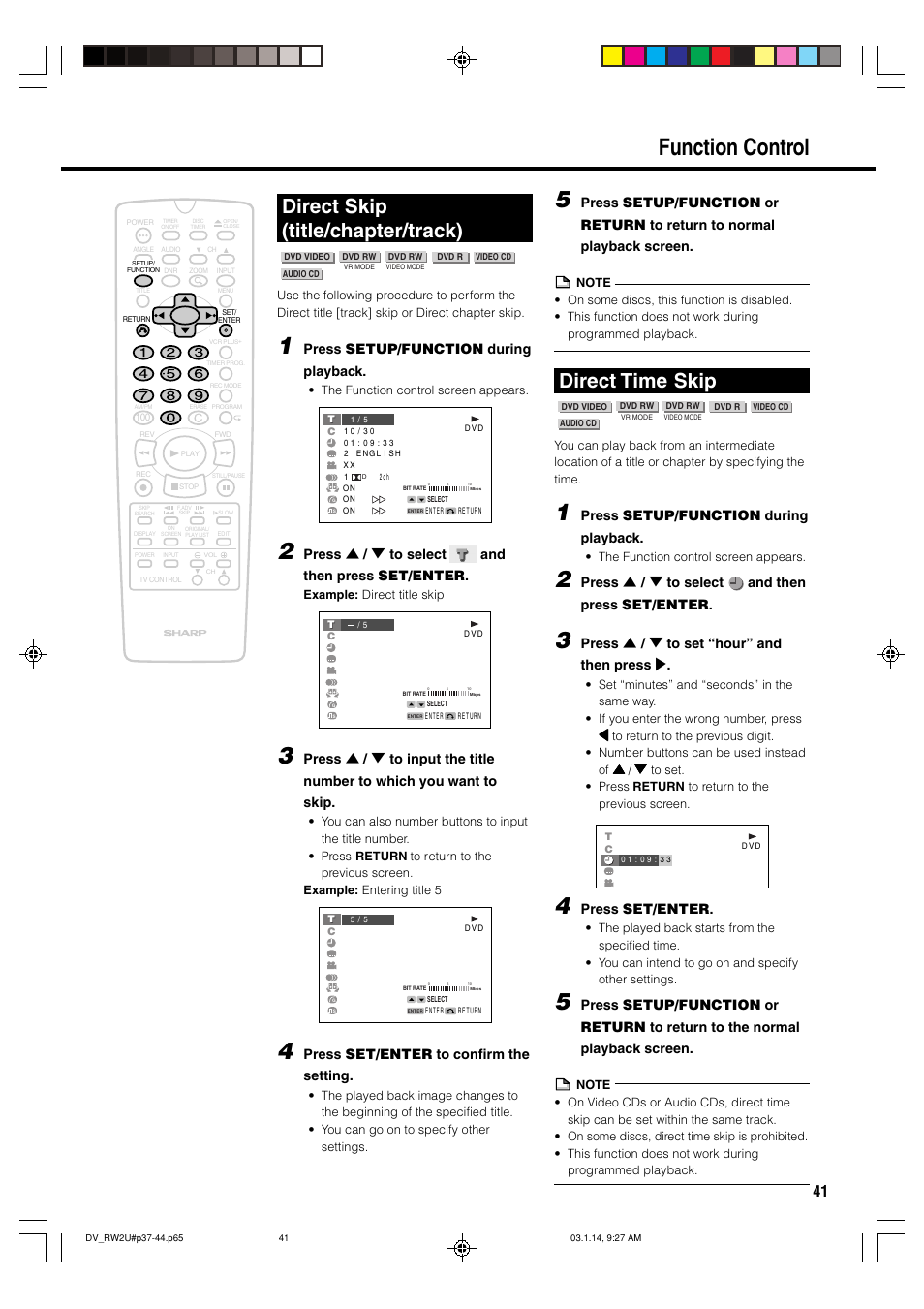 Function control, Direct skip (title/chapter/track), Direct time skip | Press setup/function during playback, Press ' / 