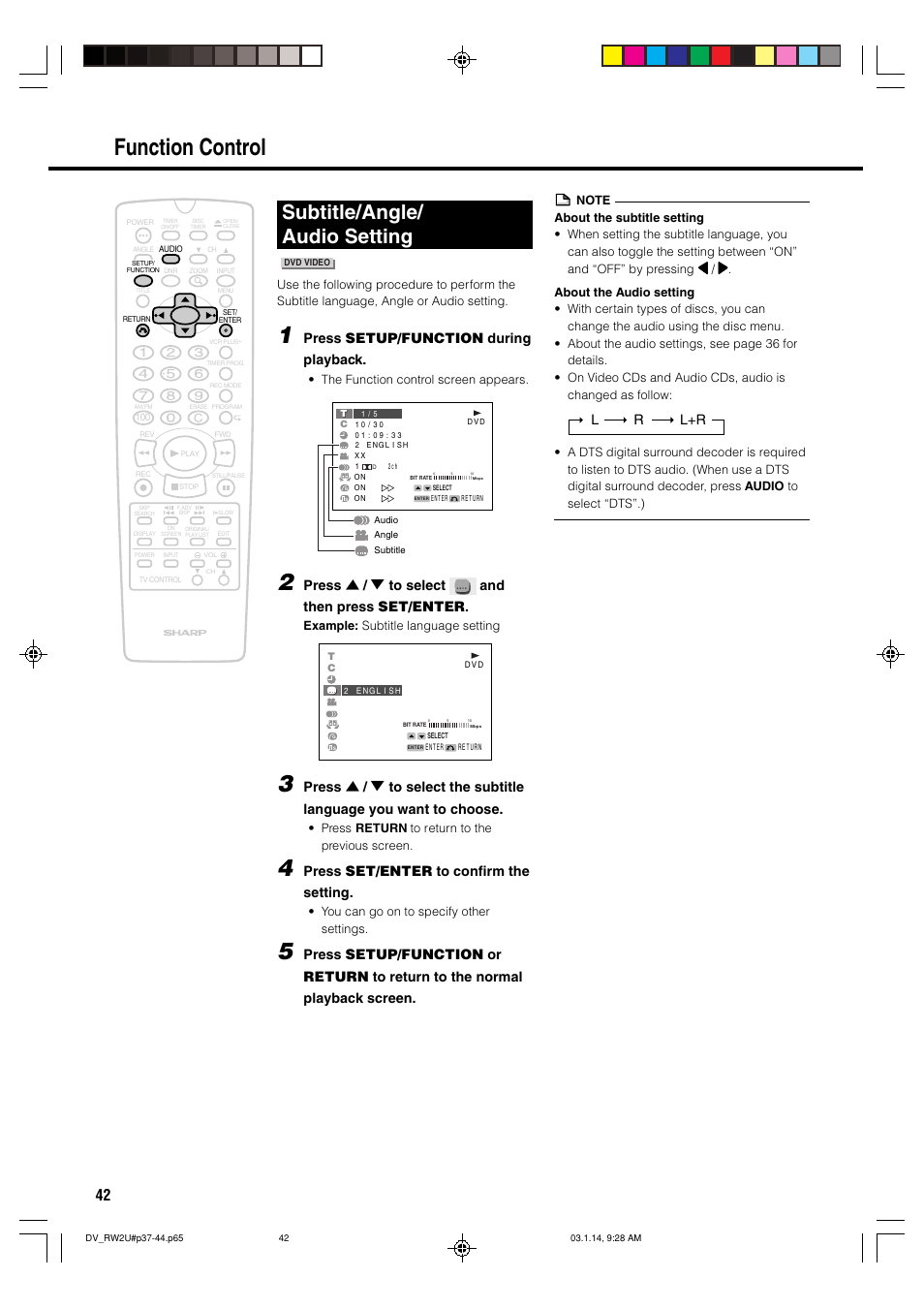 Function control, Subtitle/angle/ audio setting, Press setup/function during playback | Press ' / 