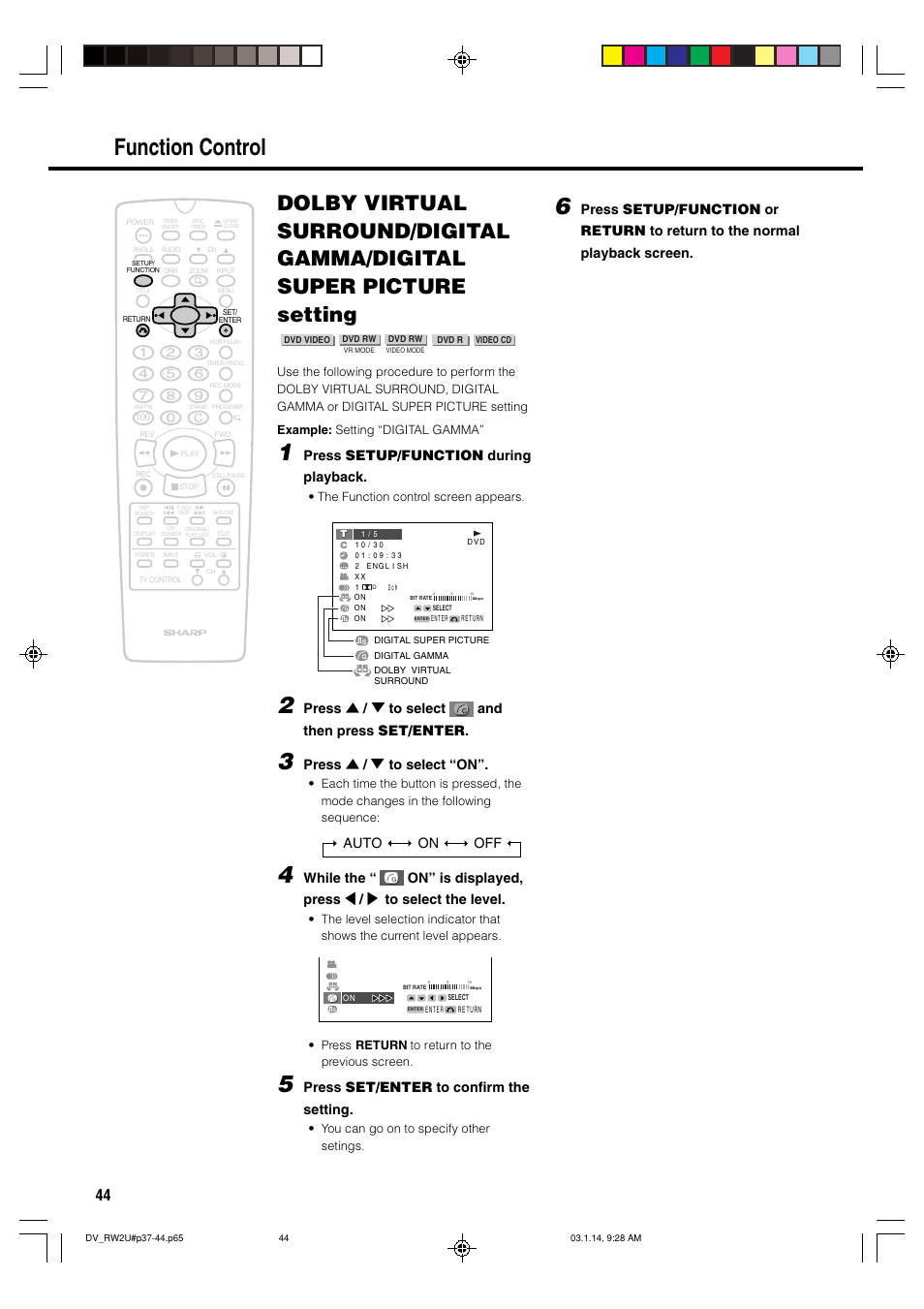 Function control 6, Press setup/function during playback, Press ' / 