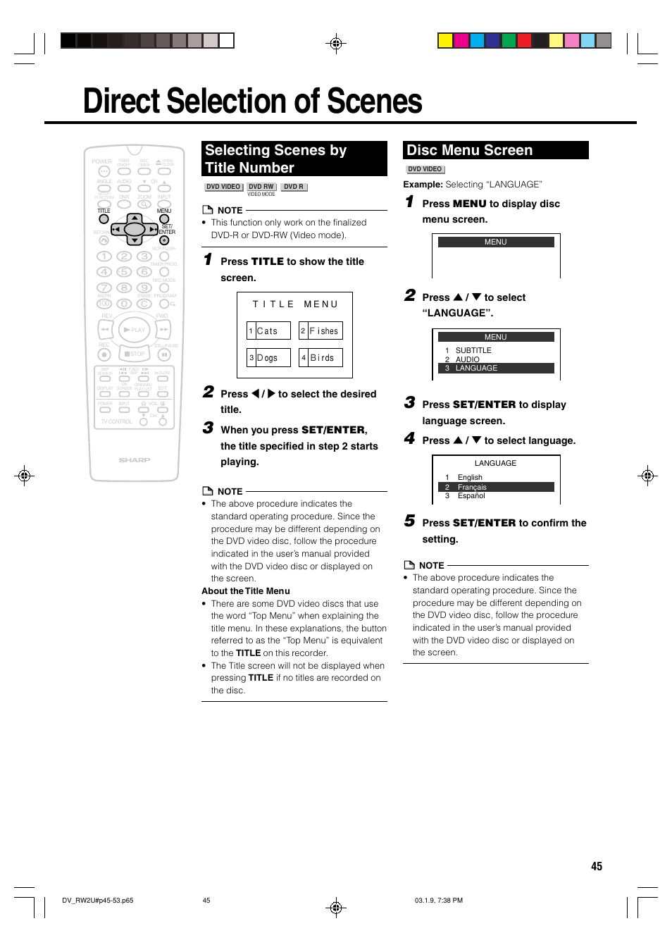 Direct selection of scenes, Selecting scenes by title number, Disc menu screen | Sharp DV-RW2U User Manual | Page 45 / 112