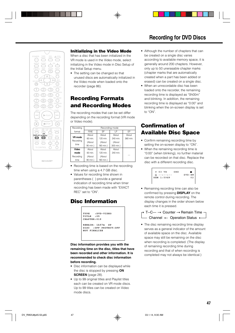 Recording for dvd discs, Recording formats and recording modes, Disc information | Confirmation of available disc space, 47 initializing in the video mode | Sharp DV-RW2U User Manual | Page 47 / 112