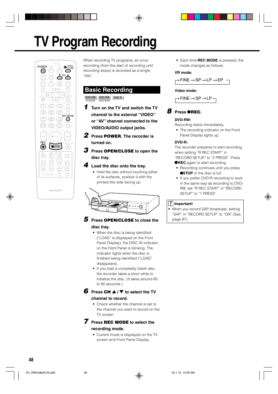 Tv program recording, Basic recording | Sharp DV-RW2U User Manual | Page 48 / 112