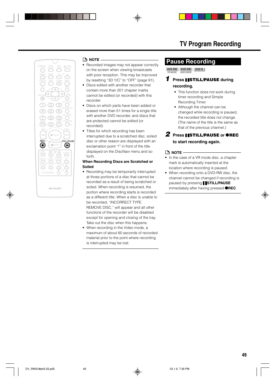 Tv program recording, Pause recording, Press still/pause during recording | Sharp DV-RW2U User Manual | Page 49 / 112