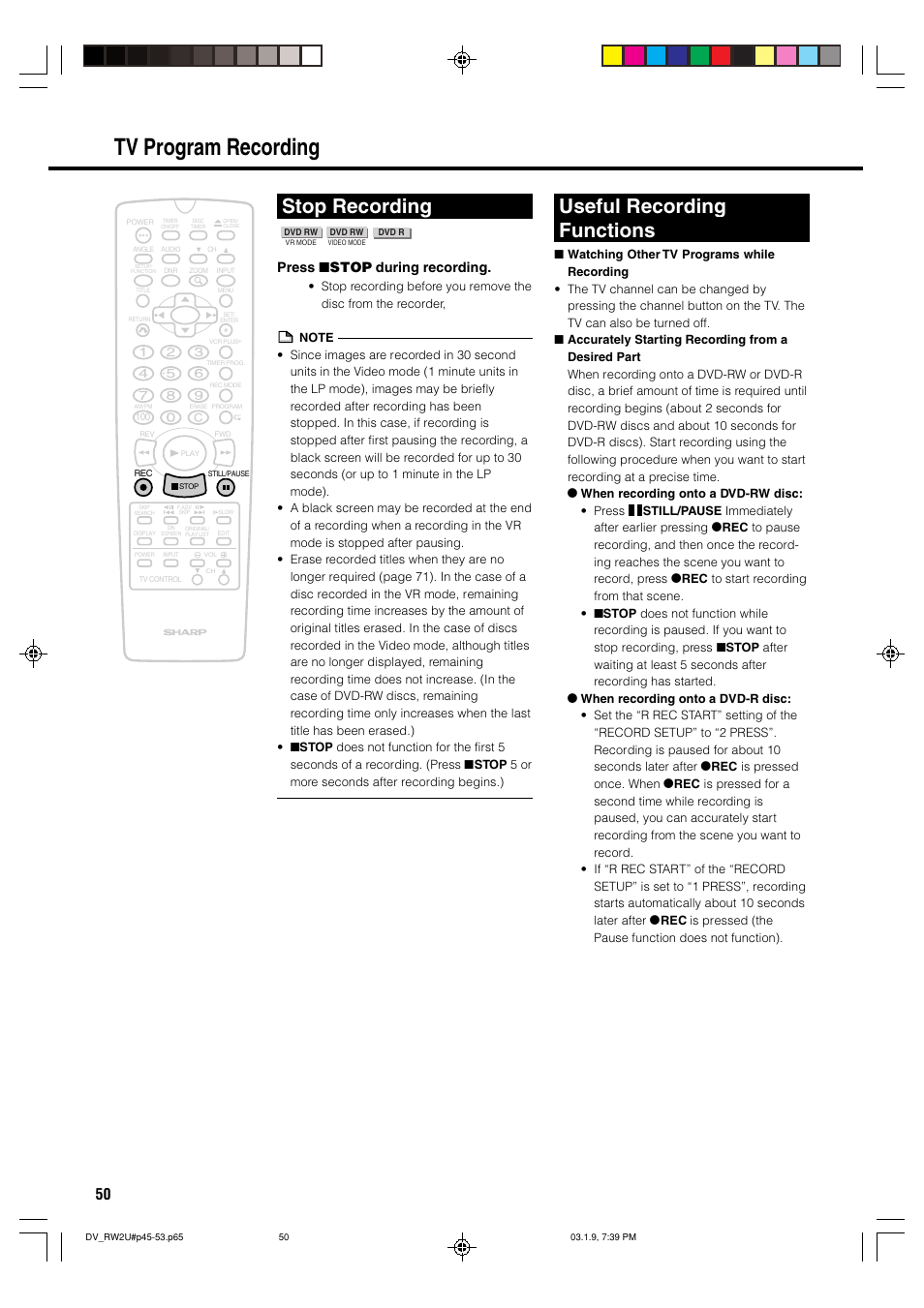 Tv program recording, Stop recording, Useful recording functions | Press ■ stop during recording | Sharp DV-RW2U User Manual | Page 50 / 112