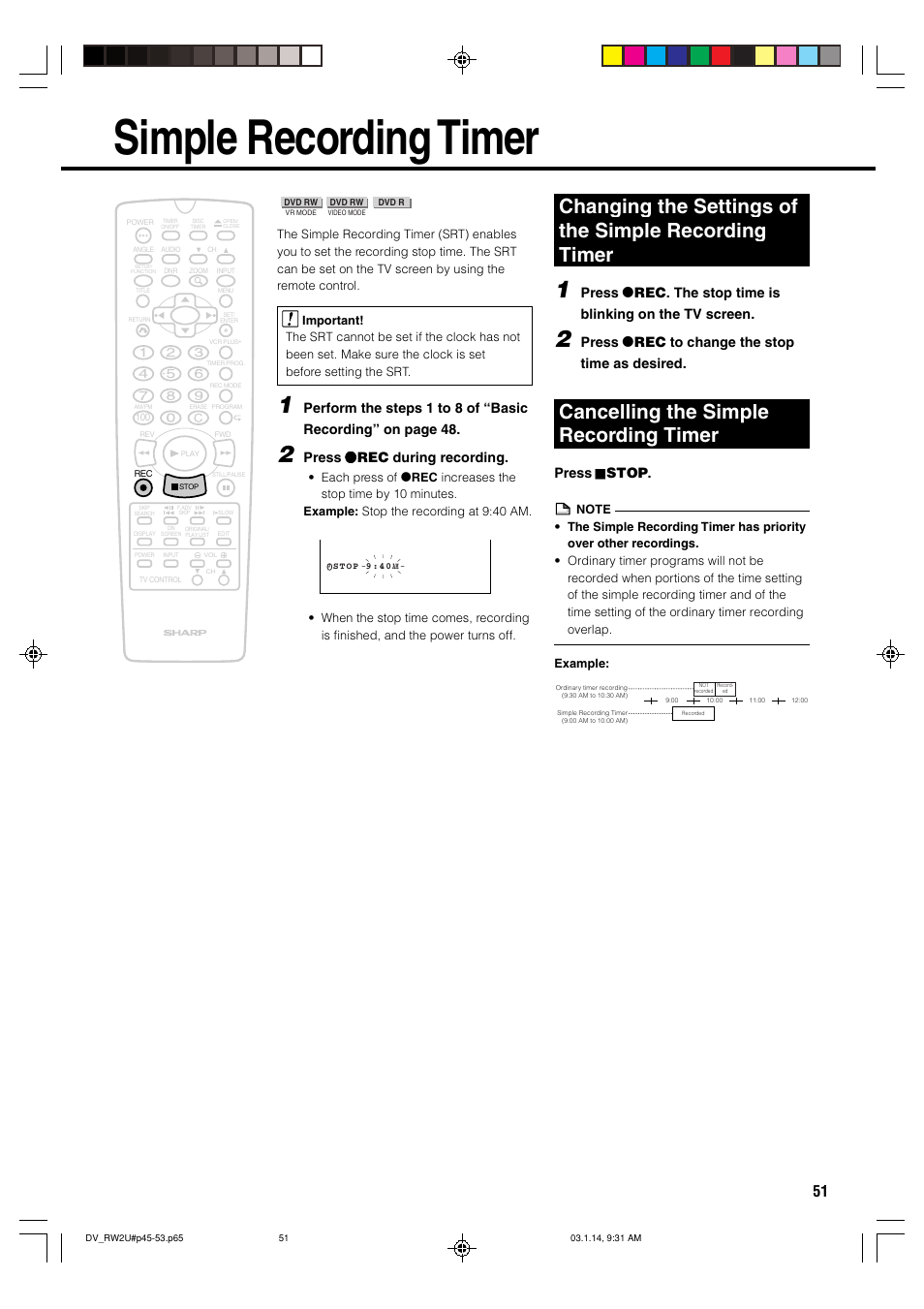 Simple recording timer, Cancelling the simple recording timer, Press æ rec to change the stop time as desired | Press ë stop | Sharp DV-RW2U User Manual | Page 51 / 112