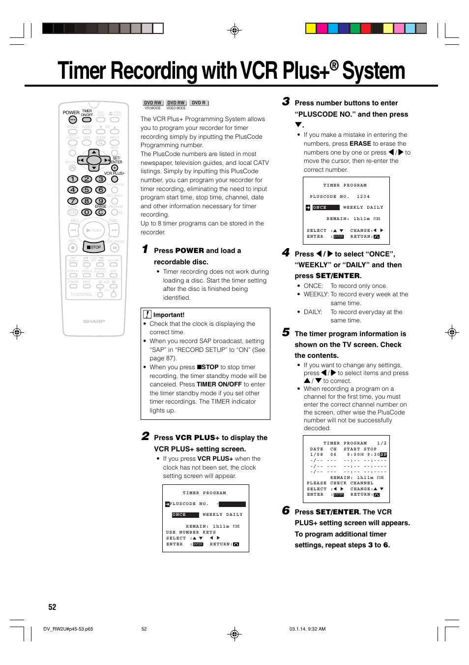 Timer recording with vcr plus, System | Sharp DV-RW2U User Manual | Page 52 / 112