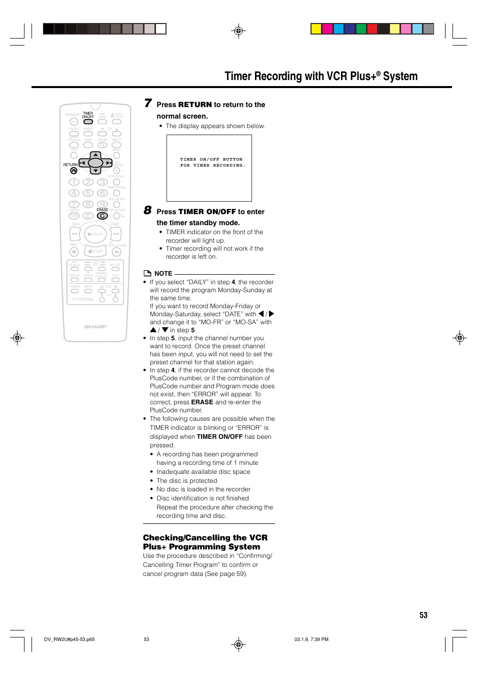 Timer recording with vcr plus, System, Press return to return to the normal screen | Press timer on/off to enter the timer standby mode | Sharp DV-RW2U User Manual | Page 53 / 112